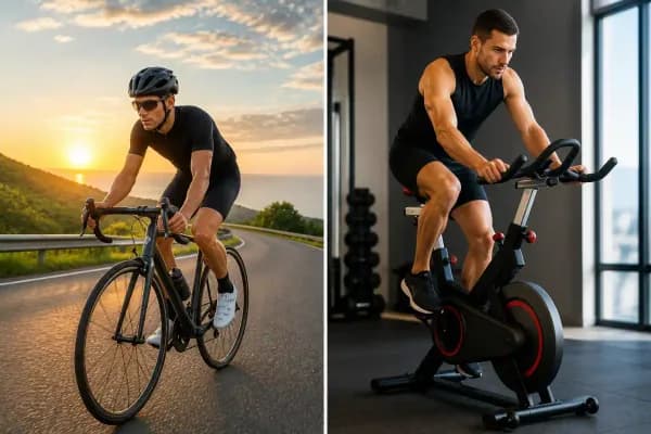 Outdoor road cycling and indoor stationary bike workout