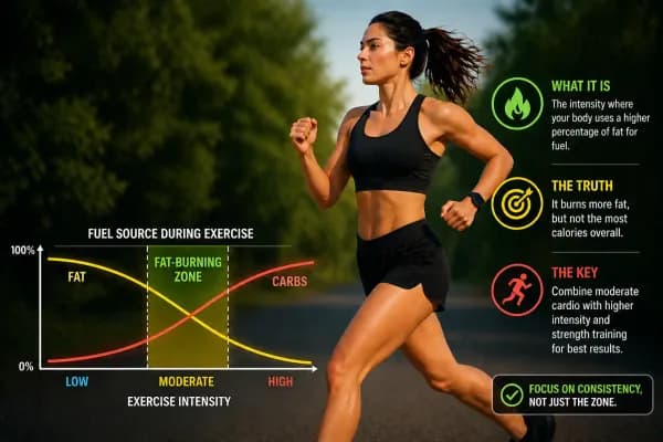 female runner with fat burning zone chart showing exercise intensity and fat vs carbs usage
