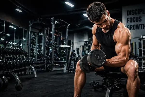 Muscular man performing a dumbbell curl in a gym with bold text “The Case for the Gym: Unlimited Potential” highlighting benefits like equipment, progression, and expert guidance