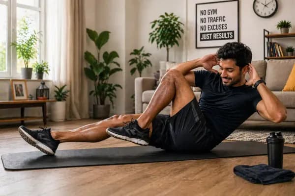 Man doing bicycle crunch exercise on a mat in a bright living room home workout setup with plants and natural light