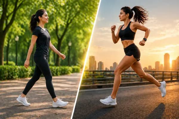 Walking vs running comparison image showing woman walking in park and running in city for fat loss fitness concept