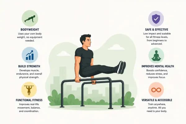 Clean vector infographic showing calisthenics bodyweight training benefits with athlete illustration and fitness icons on a minimalist background.