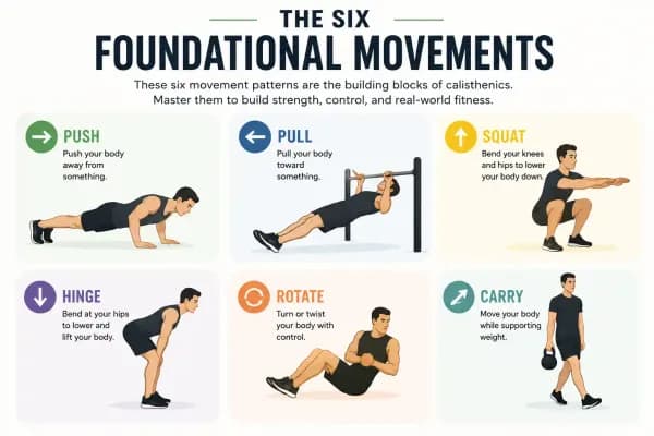 Infographic showing six foundational calisthenics movements including push, pull, squat, hinge, rotate, and carry with exercise illustrations.
